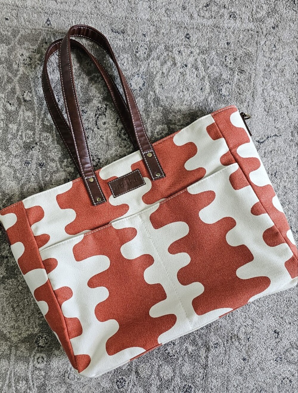 Maika Rust Orange and White Patterned Tote with Brown Leather Handles